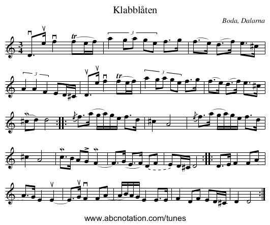 Klabblåten - staff notation