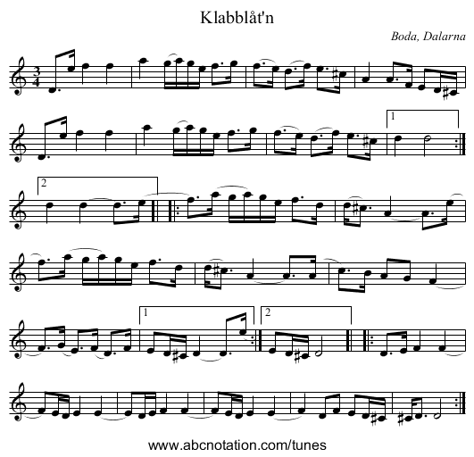 Klabblåt'n - staff notation