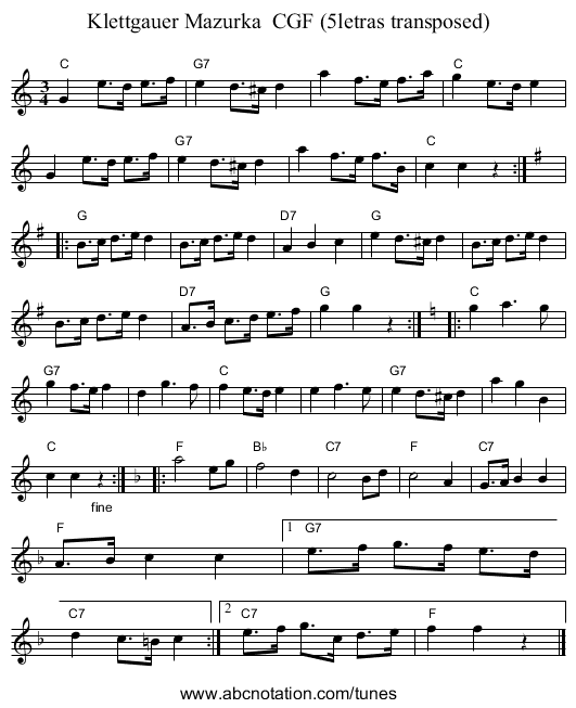 Klettgauer Mazurka  CGF (5letras transposed) - staff notation