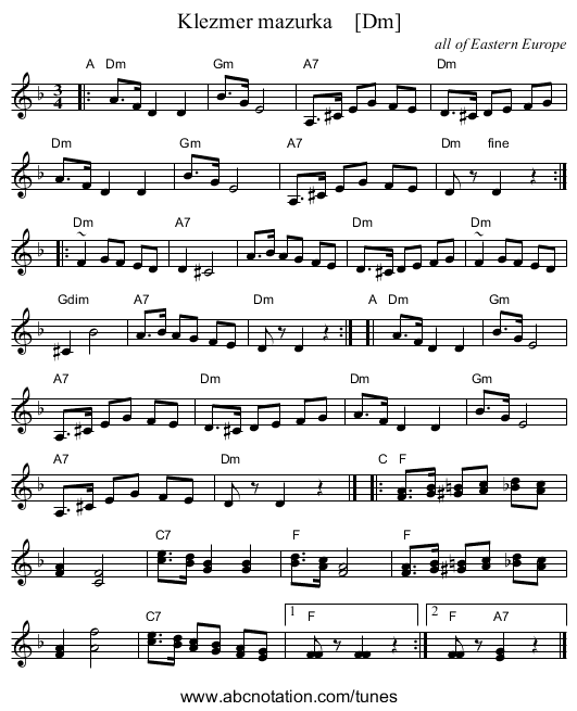 Klezmer mazurka    [Dm] - staff notation