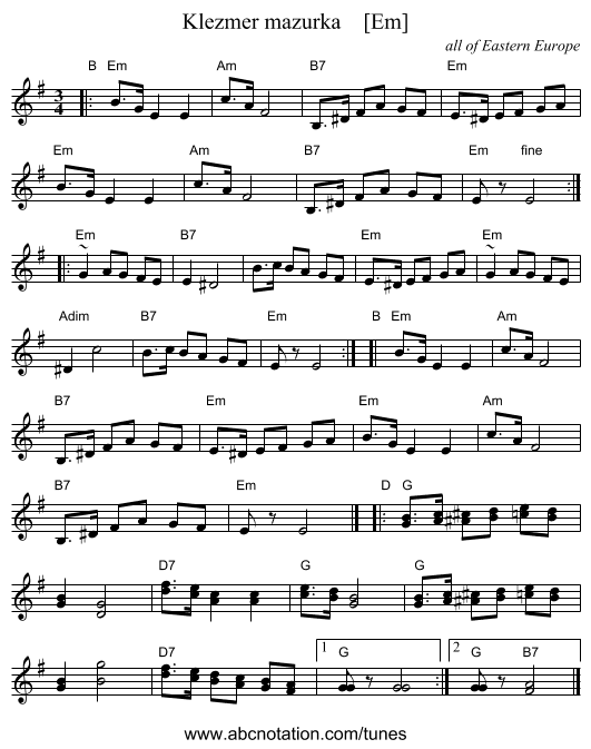 Klezmer mazurka    [Em] - staff notation