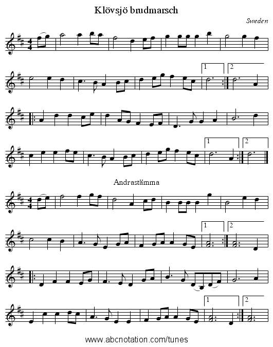 Klövsjö brudmarsch - staff notation