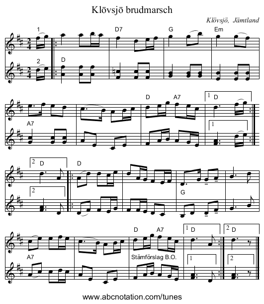 Klövsjö brudmarsch - staff notation