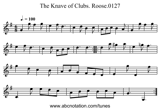 Knave of Clubs. Roose.0127, The - staff notation