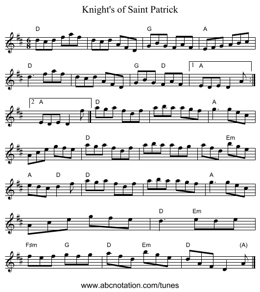 Knight's of Saint Patrick - staff notation