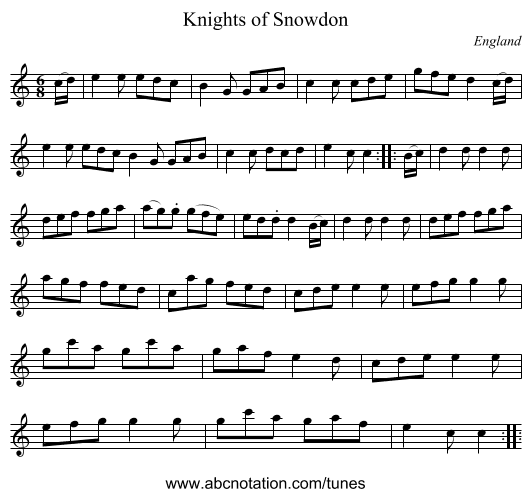 Knights of Snowdon - staff notation