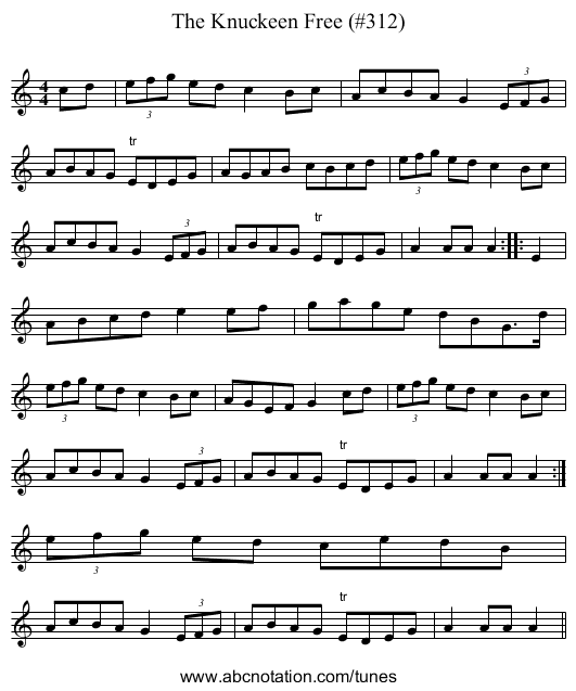 Knuckeen Free (#312), The - staff notation