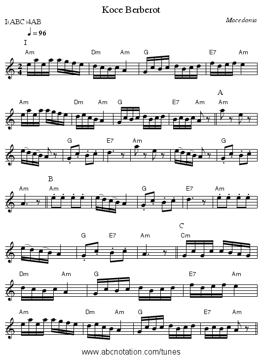 Koce Berberot - staff notation