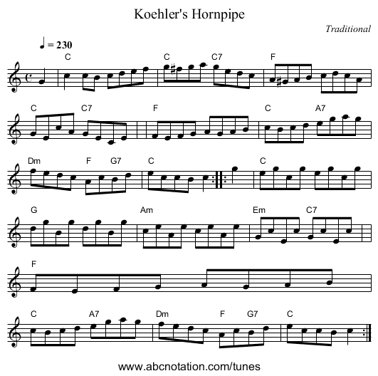 Koehler's Hornpipe - staff notation