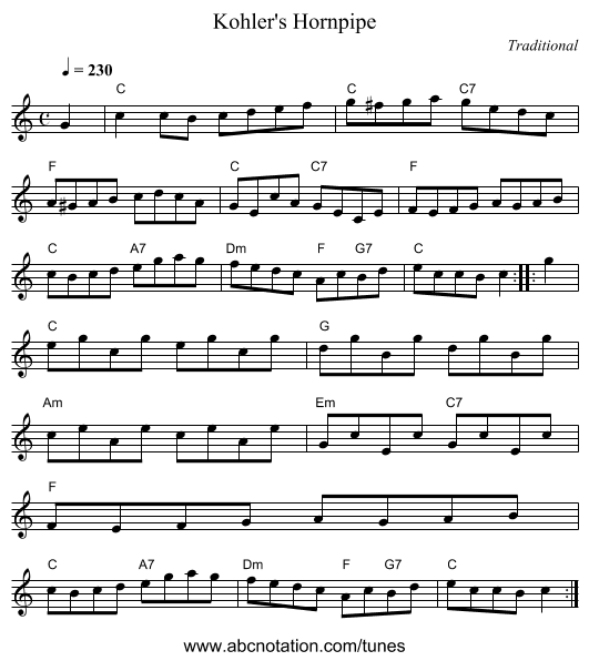 Kohler's Hornpipe - staff notation