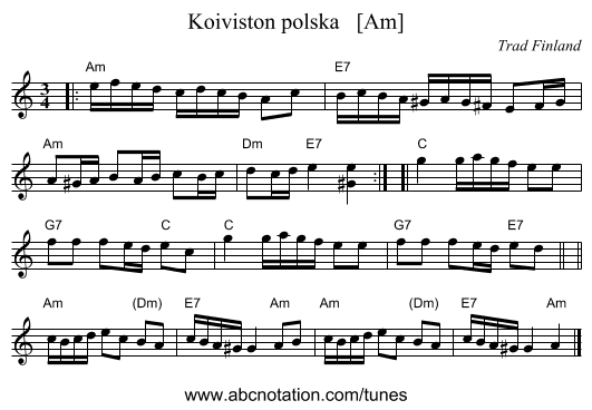 Koiviston polska   [Am] - staff notation
