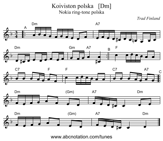 Koiviston polska   [Dm] - staff notation