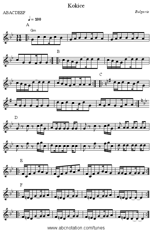 Kokice - staff notation