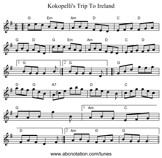 Kokopelli's Trip To Ireland - staff notation