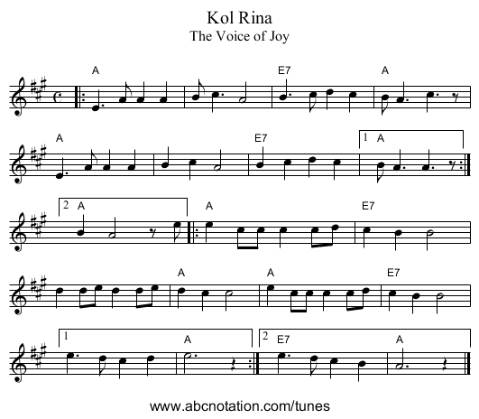 Kol Rina - staff notation