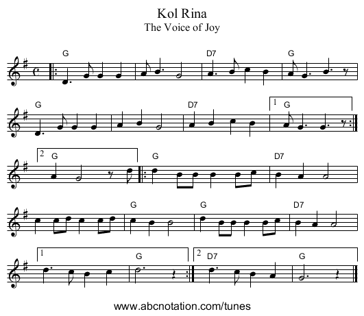Kol Rina - staff notation