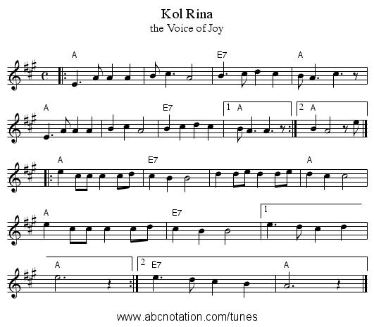 Kol Rina - staff notation