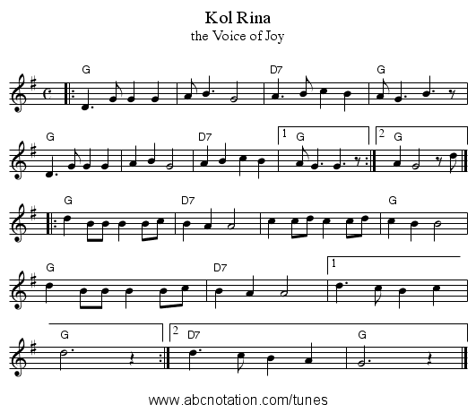 Kol Rina - staff notation