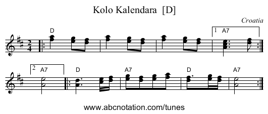 Kolo Kalendara  [D] - staff notation