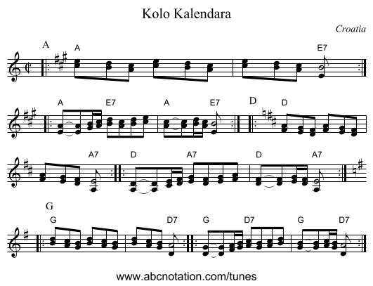 Kolo Kalendara - staff notation
