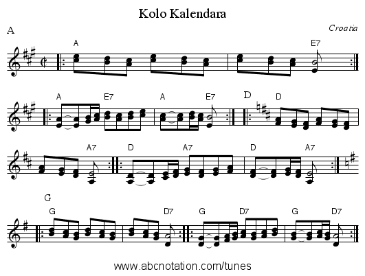 Kolo Kalendara - staff notation