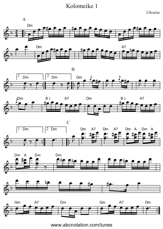 Kolomeike 1 - staff notation