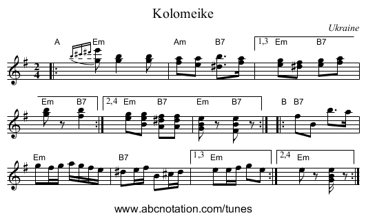 Kolomeike - staff notation