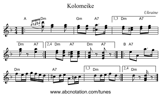 Kolomeike - staff notation