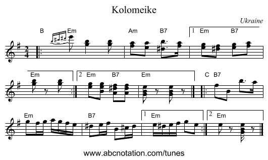 Kolomeike - staff notation