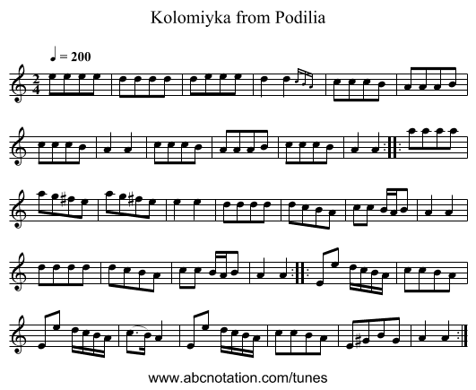 Kolomiyka from Podilia - staff notation