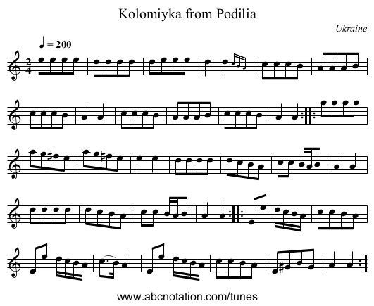 Kolomiyka from Podilia - staff notation