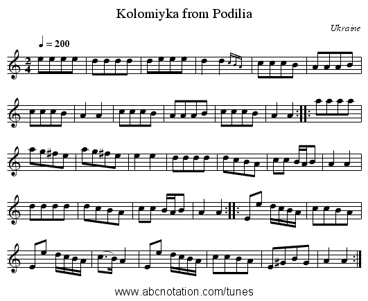 Kolomiyka from Podilia - staff notation