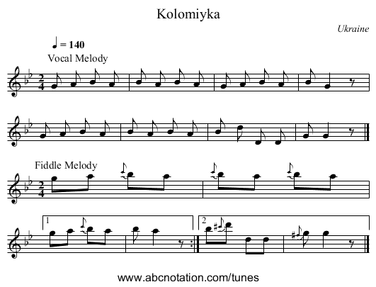 Kolomiyka - staff notation