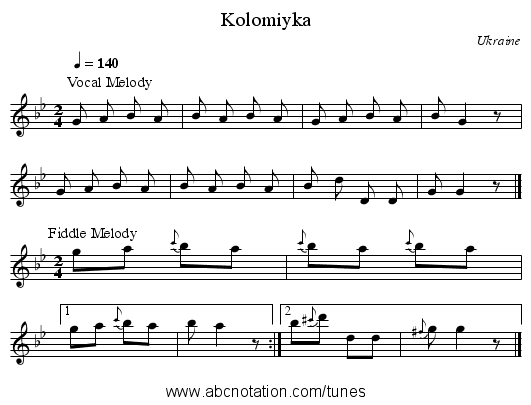 Kolomiyka - staff notation