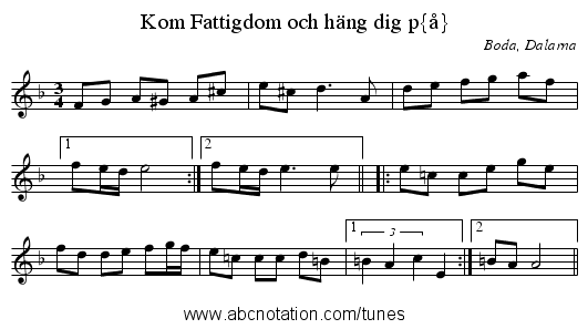 Kom Fattigdom och häng dig på - staff notation