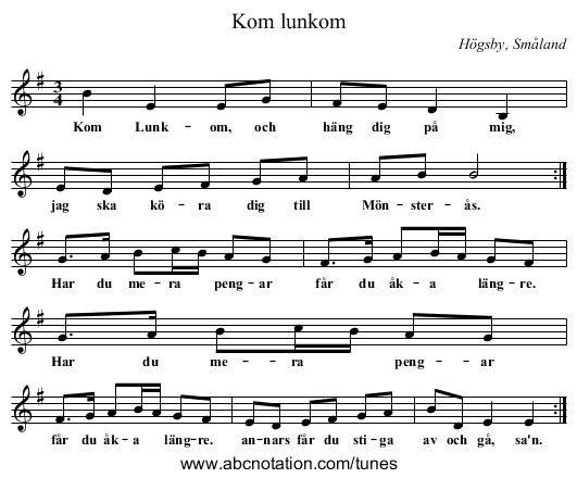 Kom lunkom - staff notation