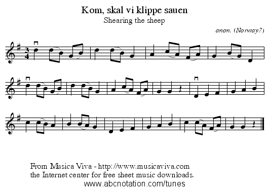 Kom, skal vi klippe sauen - staff notation