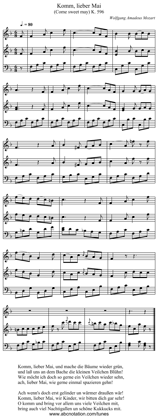Komm, lieber Mai - staff notation