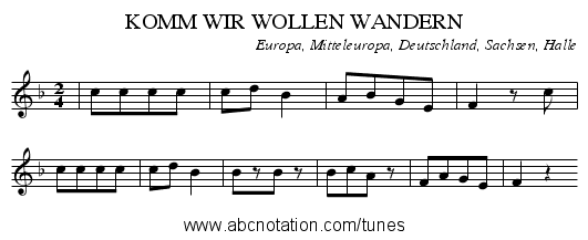 KOMM WIR WOLLEN WANDERN - staff notation