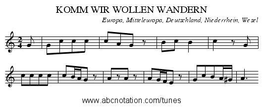 KOMM WIR WOLLEN WANDERN - staff notation