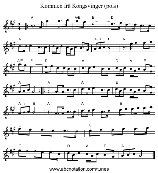 Kømmen frå Kongsvinger (pols) - staff notation