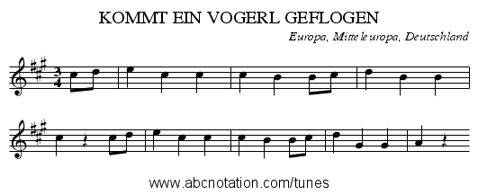 KOMMT EIN VOGERL GEFLOGEN - staff notation
