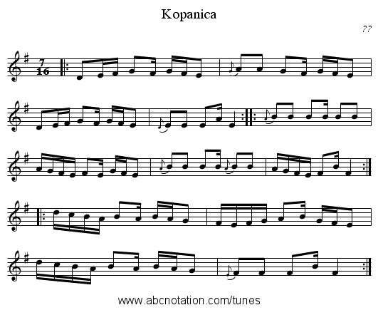 Kopanica - staff notation