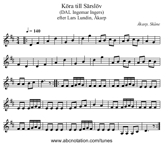 Köra till Särslöv - staff notation