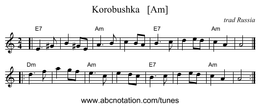 Korobushka   [Am] - staff notation
