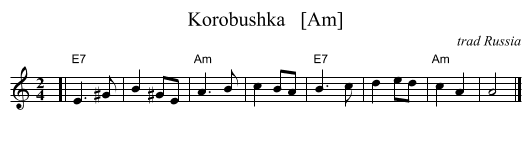 Korobushka   [Am] - staff notation