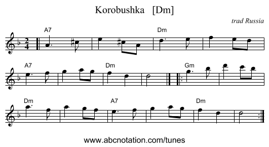 Korobushka   [Dm] - staff notation