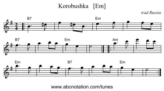 Korobushka   [Em] - staff notation