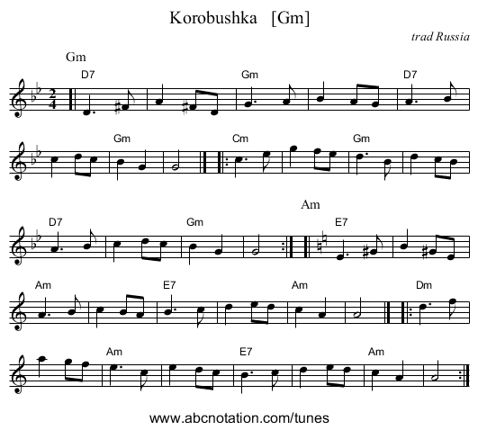 Korobushka   [Gm] - staff notation