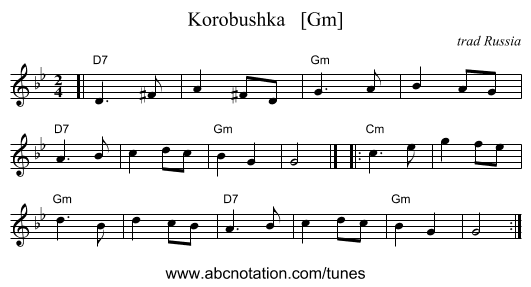 Korobushka   [Gm] - staff notation